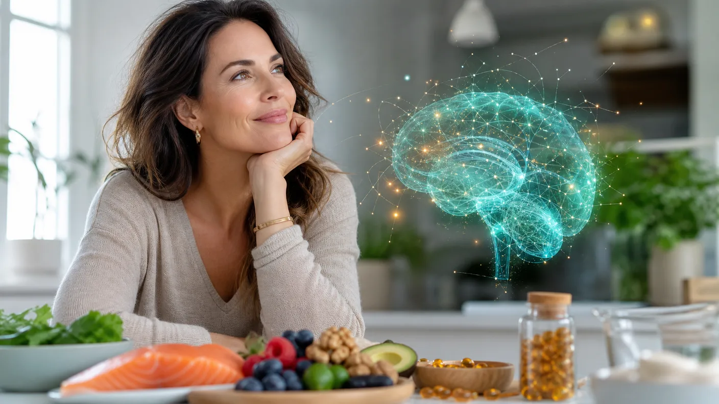 A vibrant woman over 40 in a bright kitchen, with colourful healthy foods and supplements in front and a subtle teal brain and neural-network visualisation beside her.