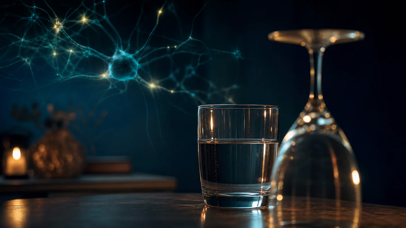 A glass of water beside a crossed-out wine glass on a dim evening table, depicting the benefit of an alcohol-free evening for memory and sleep recovery.