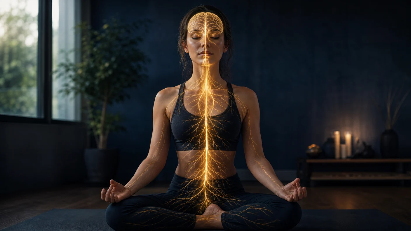 [AI image] A person in a calm yoga posture with a glowing vagus nerve and brainstem illustrating the link between breathing and the autonomic nervous system.
