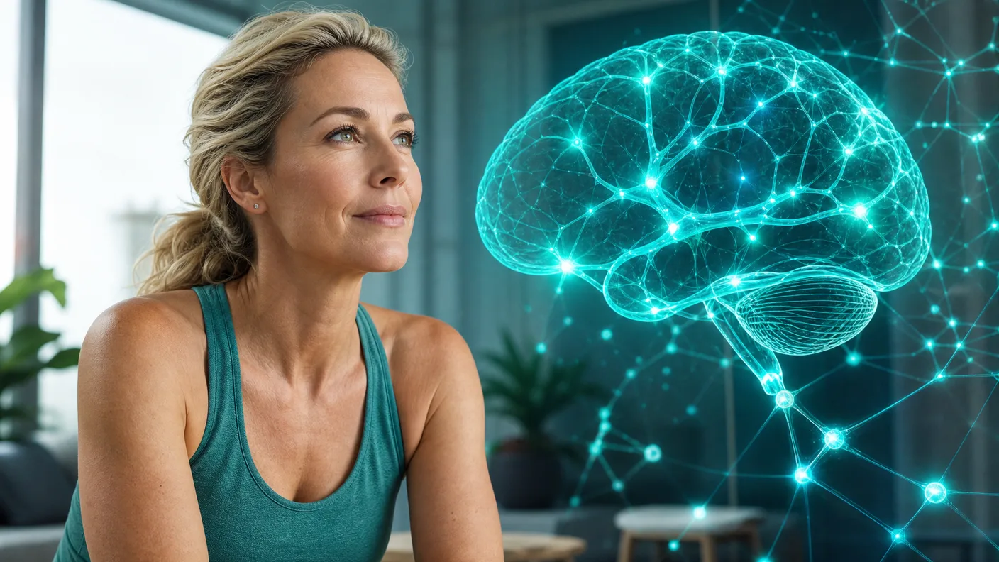 An active woman in her 40s in athletic wear looking ahead, beside a brightly glowing teal brain and neural-network visualisation hinting at cellular energy production.