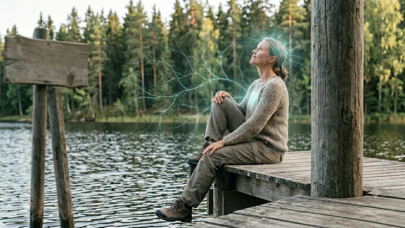 Henkilö rentoutuu rauhallisessa metsässä, vihreä energiahehku kuvaa luonnon palauttavaa vaikutusta hermostoon.