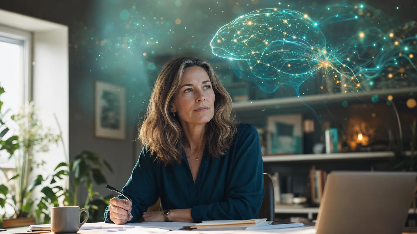 A woman around 50 focusing at a home office, surrounded by a glowing neural-network visualization of brain fog and concentration.