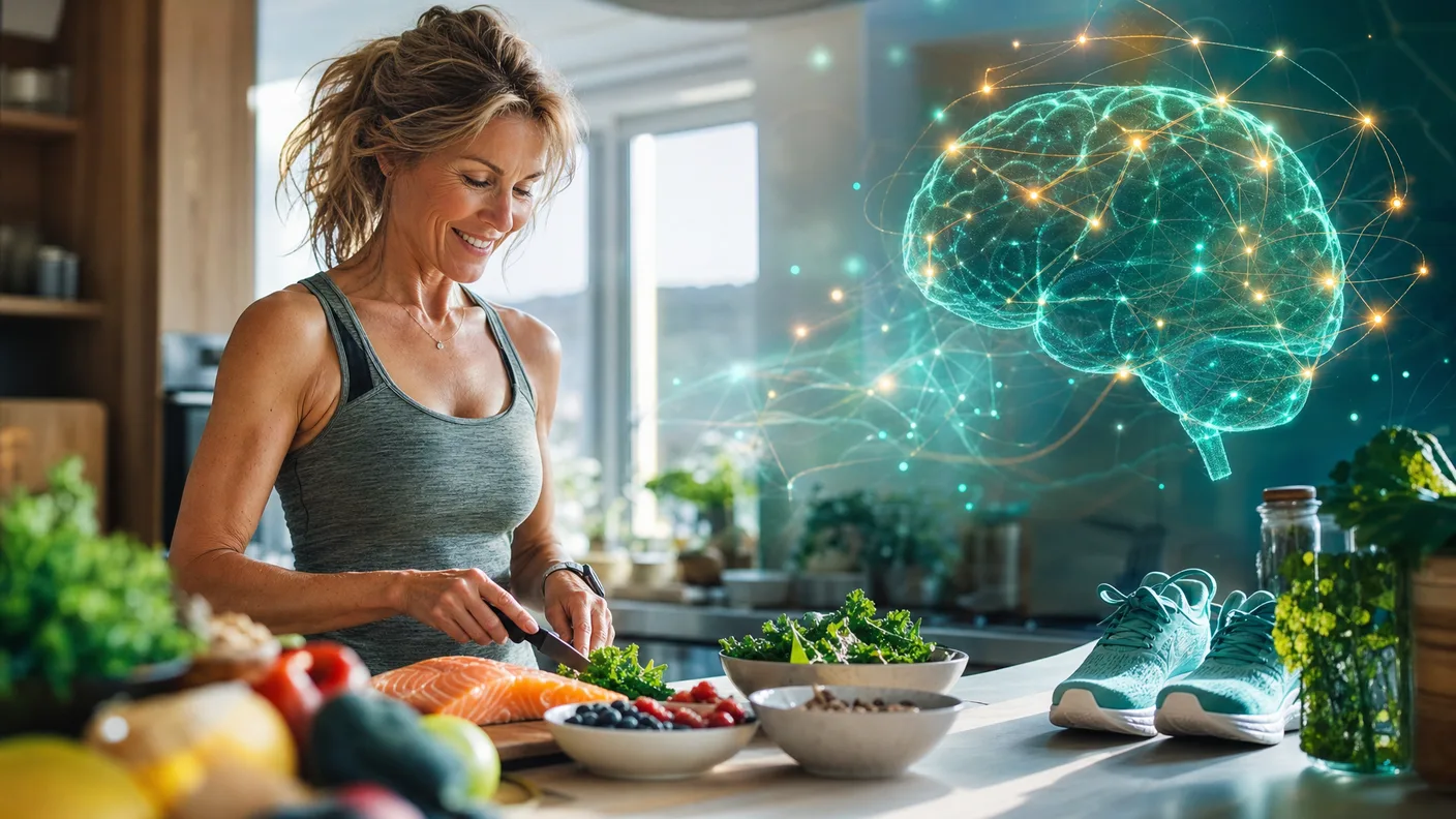 A woman around 50 preparing a nutritious meal in a bright kitchen, with a glowing neural-network brain visualization behind.