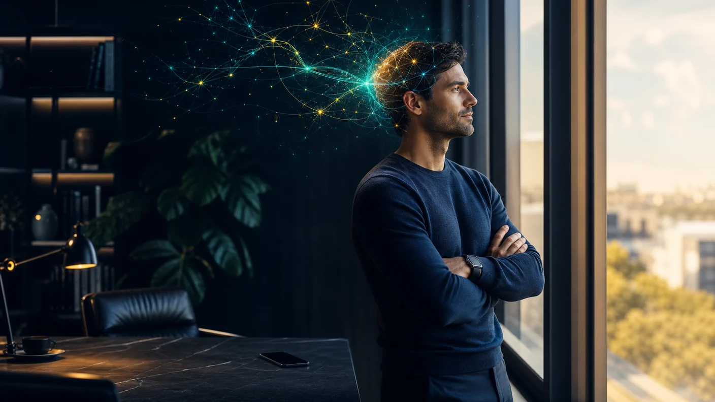[AI image] A knowledge worker looking calmly out of a window on a break with the phone put away, depicting a genuine microbreak that engages the default mode network.
