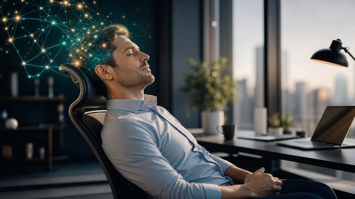 [AI image] A knowledge worker taking a short power nap in an office chair in the afternoon in a bright office, depicting the restoration of afternoon alertness.