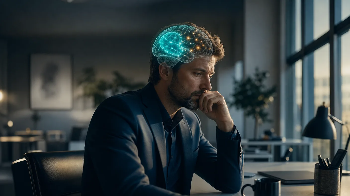 A high-performing professional at the end of the workday, with a dimmer glowing teal brain visualisation above depicting decision fatigue and finite mental energy.