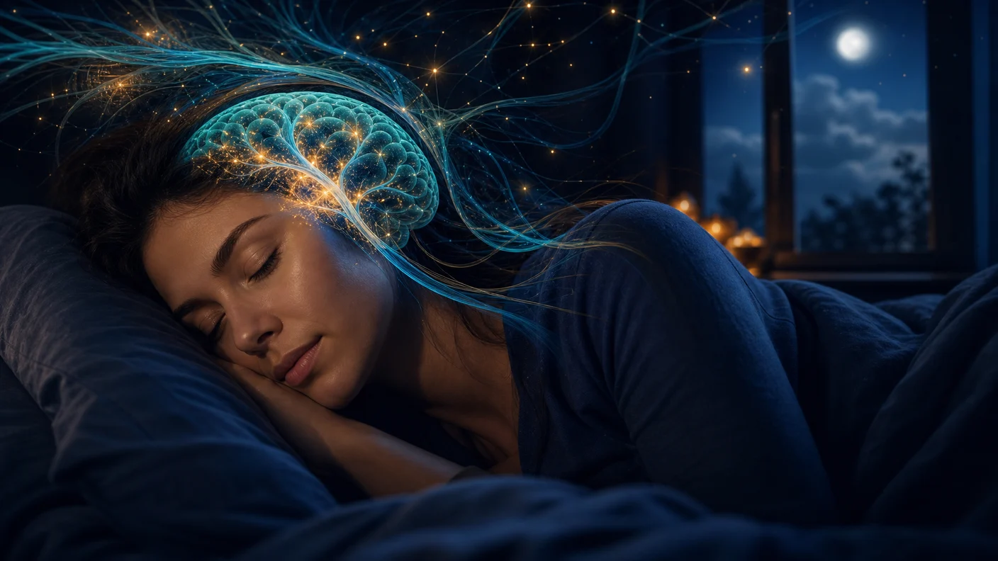 A person sleeping peacefully in a dim bedroom, with a glowing visualisation of the brain's glymphatic clearance behind.